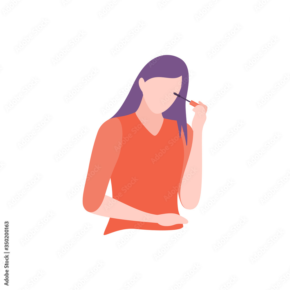 Fashion makeup artist with mascara isolated on a white background. Beautiful female character with brushes and make-up. Woman blogger holding cosmetic. Flat style vector illustration Fashion makeup artist with mascara isolated on a white background. Beautiful female character with brushes and make-up. Woman blogger holding cosmetic. Flat style vector illustration