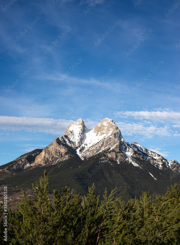Peak of Pedraforca in Catalonia snowed with clear sky