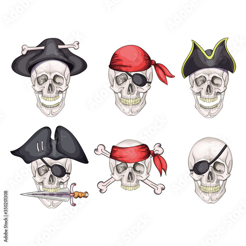 Skull and sabers. Pirate emblem. cartoon icon set