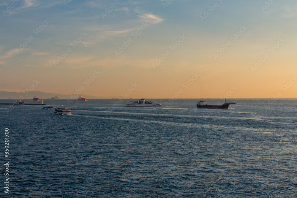 Ships in the Bosphorus at sunset. Turkey