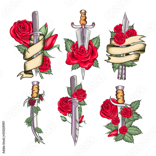 Traditional set tattoo with rose flowers and dagger knife.