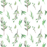 Watercolor seamless pattern with green young leaves