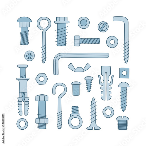 Set of fasteners. Bolts, screws, nuts, dowels and rivets in doodle style. Hand drawn building material. Color vector illustration on white background