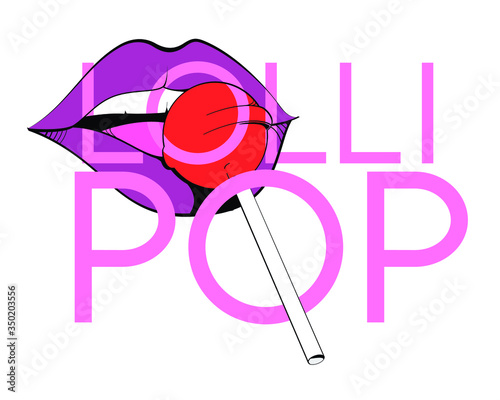 Poster design of red lips of woman trying a lollipop on dark background