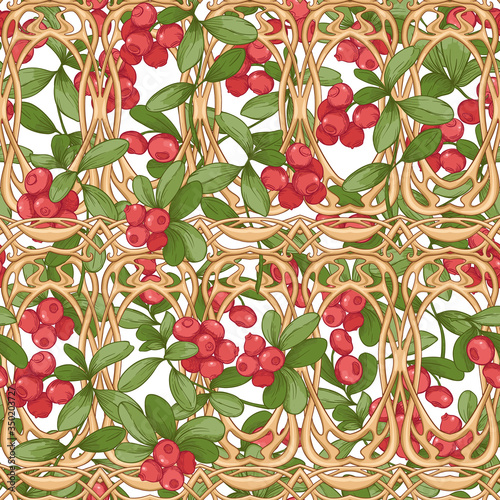 Cranberry in a decorative imitation of a wicker basket made of twigs. Seamless pattern, background. Graphic drawing, engraving style. Vector illustration isolated on white background..