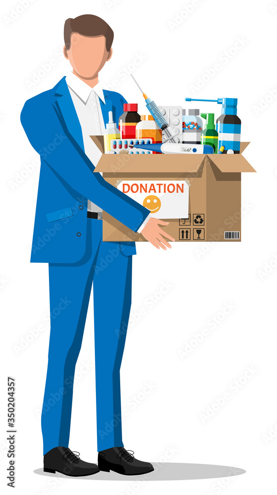Man and cardboard box full of drugs. Needed items for donation. Different pills bottles, healthcare, pharmacy. Medical drug vitamin, antibiotic. Donate, charity, thanksgiving. Flat vector illustration Man and cardboard box full of drugs. Needed items for donation. Different pills bottles, healthcare, pharmacy. Medical drug vitamin, antibiotic. Donate, charity, thanksgiving. Flat vector illustration