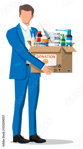 Man and cardboard box full of drugs. Needed items for donation. Different pills bottles, healthcare, pharmacy. Medical drug vitamin, antibiotic. Donate, charity, thanksgiving. Flat vector illustration