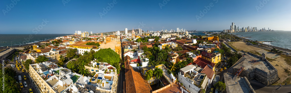 Aerial panoramic view of the historic city center of Cartagena, Colombia. Panorama of the old and new parts of the city in Cartagena