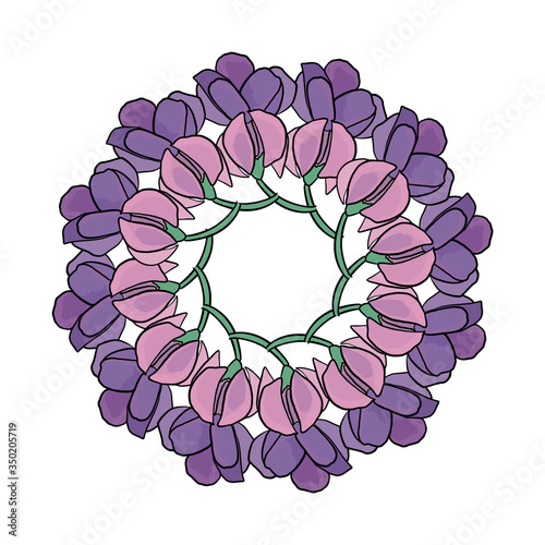 Round tight wreath of flowers with leaves. For festive decoration of cards, invitations. Vector floral ornament.
