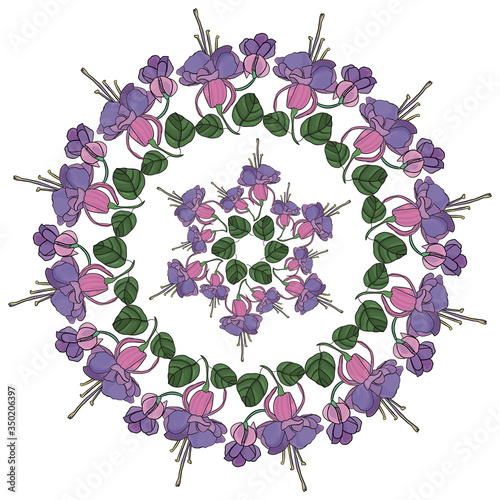 Round tight wreath of flowers with leaves. For festive decoration of cards, invitations. Vector floral ornament.