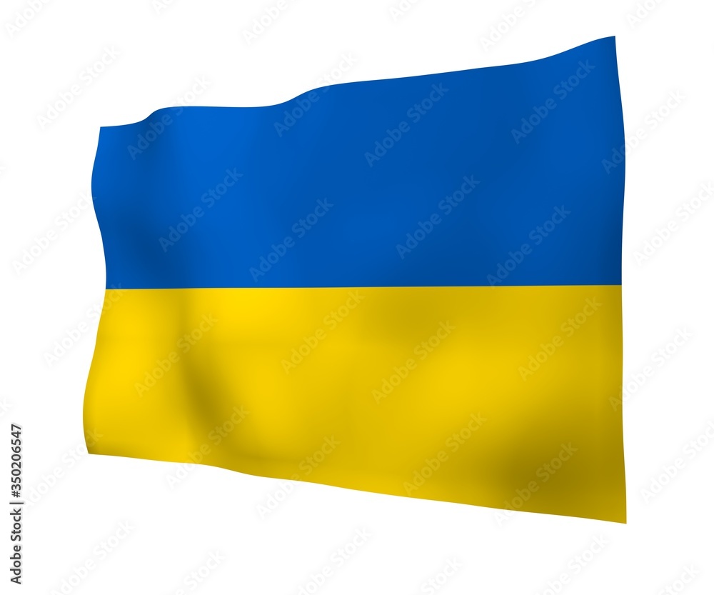 The flag of Ukraine on a white background. National flag and state ensign. Blue and yellow bicolour. 3D illustration waving flag The flag of Ukraine on a white background. National flag and state ensign. Blue and yellow bicolour. 3D illustration waving flag