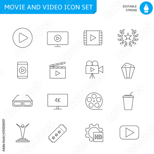 Movie and video thin line icon set