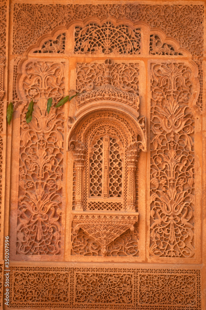 Carved sandstome window, Mandir Palace,  residence of the rulers of Jaisalmer for 2 centuries,  Jaisalmer, Rajasthan, India