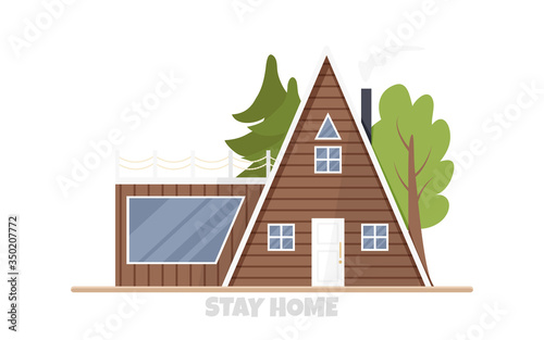 Vector illustration of eco-house in flat style. Architecture concept in rustic style. Cartoon design of residential construction with chimney, terrace and forest in back yard. Wooden home for huntsman