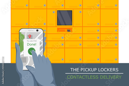 Vector illustration of pickup locker service. Flat concept design of contactless delivery. Non-contact express logistic service in quarantine. Courier putting location in phone for pick up purchase