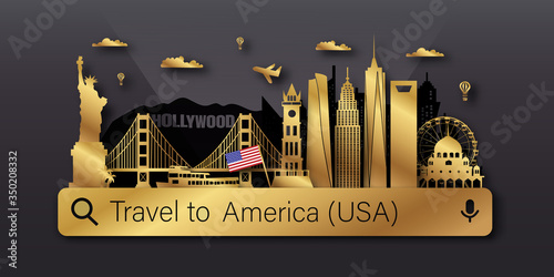 USA America Travel postcard, poster, tour advertising of world famous landmarks. Vectors illustrations