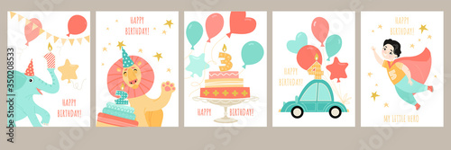A set of birthday cards for a boy's birthday with a cute cartoon superhero, little animals, a car and cakes with candles