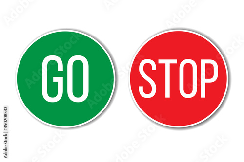GO and STOP red green left right word text on buttons similar to traffic signs in empty white background with shadow. Vector illustration.