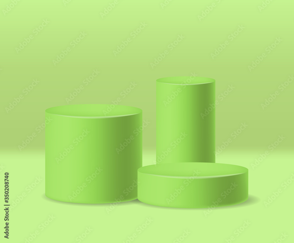 Realistic geometric forme scene, green background, minimal forme isolated, abstract banner, cylinder 3d vector illustration