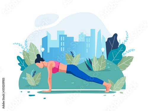 Young girl in yoga pose on open air. Exercise in a city park, trees and town on the background. Healthy lifestyle trendy concept. Vector illustration in flat style. 