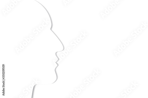 Human head profile sketch silhouette 3D in white color with delicate shadow outline similar to paper cut line blending with the white background. Vector illustration.