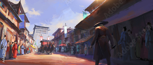 Fotografia The scene of an assassin walking on an ancient street.