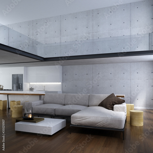 The lounge and double space living room and kitchen interior design and concrete wall background / New 3D rendering interior design scene photo
