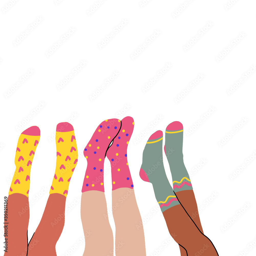 Set of three pairs of female legs in colored socks on a white background. High socks. Hand drawn vector colored trendy illustration. Flat design Set of three pairs of female legs in colored socks on a white background. High socks. Hand drawn vector colored trendy illustration. Flat design