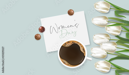Realistic white tulips, coffee and chocolate, white color, hello spring, womens day, 8 march, beautiful flowers, spring card vector, sale banner, floral background