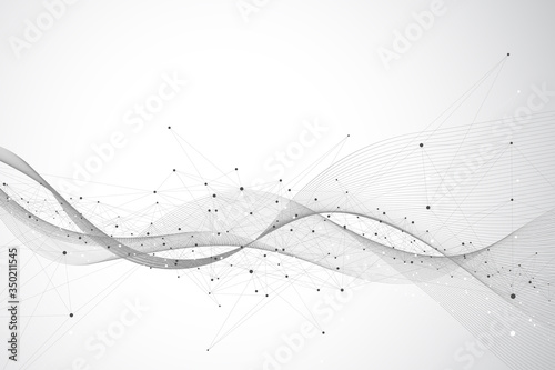 Geometric abstract background with connected line and dots. Network and connection background for your presentation. Graphic polygonal background. Wave flow. Scientific vector illustration.