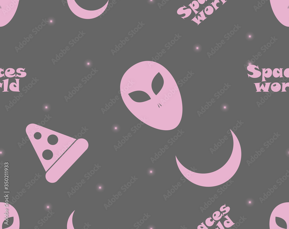 pattern, alien face, piece of pizza lettering - space world on a gray background, vector graphics, illustration, vector