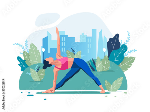Young girl in yoga pose on open air. Exercise in a city park, trees and town on the background. Healthy lifestyle trendy concept. Vector illustration in flat style. 