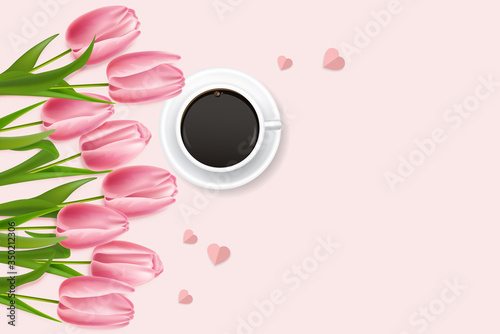 Realistic pink tulips and coffee, hello spring, womens day, 8 march beautiful flowers, spring card vector, sale banner, floral background