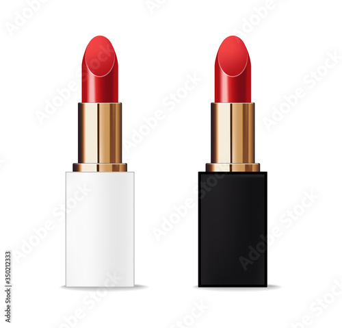 Realistic lipstick package set, make-up banner, lipstick collection color, beauty and cosmetics background, packaging mochup gold and white design vector photo