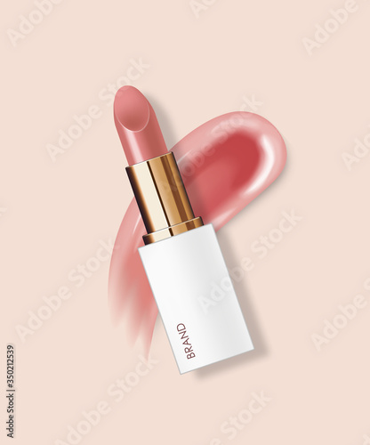Realistic lipstick package and smears, make-up banner, beauty and cosmetics background, packaging mochup gold and white design, vector