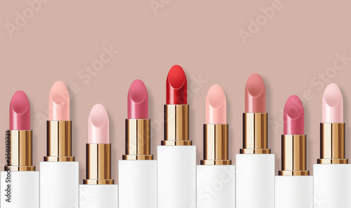 Realistic lipstick package set, make-up banner, lipstick collection color, beauty and cosmetics background, packaging mochup gold and white design vector