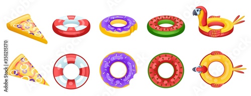 Inflatable float. Top view summer pool party accessory. Isolated beach swimming ring floating toy, vacation equipment, lifebuoy vector icons. Inflatable circle, top view pool equipment illustration