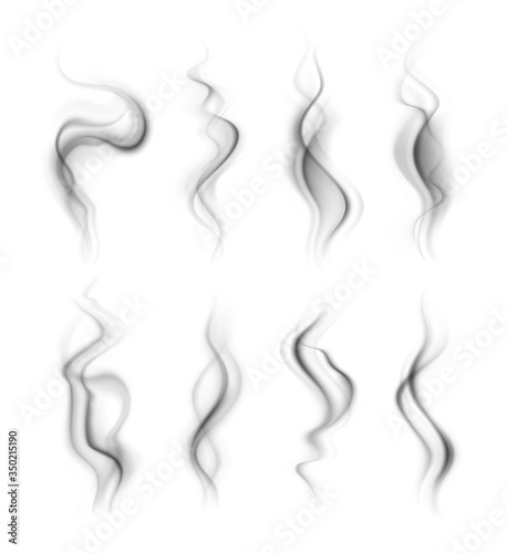 Black smoke effect. Nature burning fire steam. Isolated smoke black explosion. Abstract realistic trail of dark fog or vapor vector set. Smoke cigarette cloud, steam fog transparent illustration