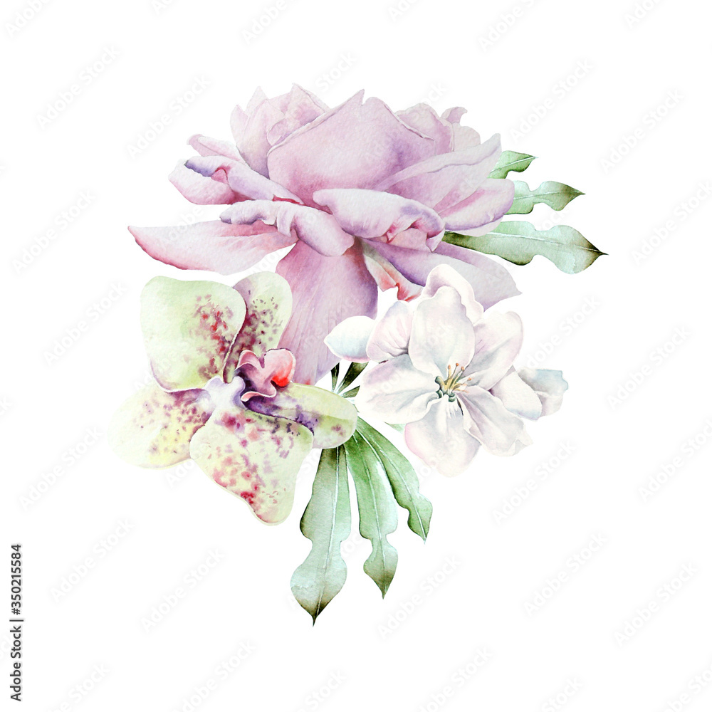 Watercolor bouquet with flowers. Rose. Orchid.   Illustration.  Hand drawn.