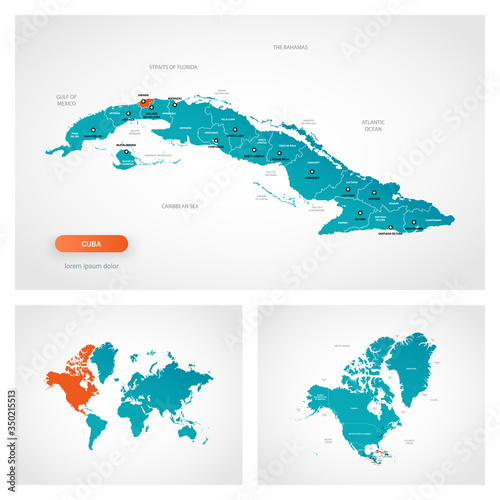 Editable template of map of Cuba with marks. Cuba on world map and on North America map.
