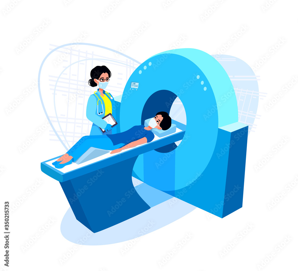 Computed tomography scan. CAT, MRI scanner. Patient lying, waiting for