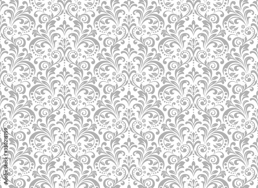 Wallpaper in the style of Baroque. Seamless vector background. White and grey floral ornament. Graphic pattern for fabric, wallpaper, packaging. Ornate Damask flower ornament. - obrazy, fototapety, plakaty 