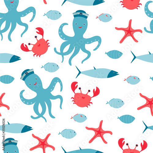 Children's seamless pattern with underwater animals, octopus, crab, fish, starfish in cartoon style. Texture for kids room design, Wallpaper, textiles, wrapping paper, apparel. Vector illustration