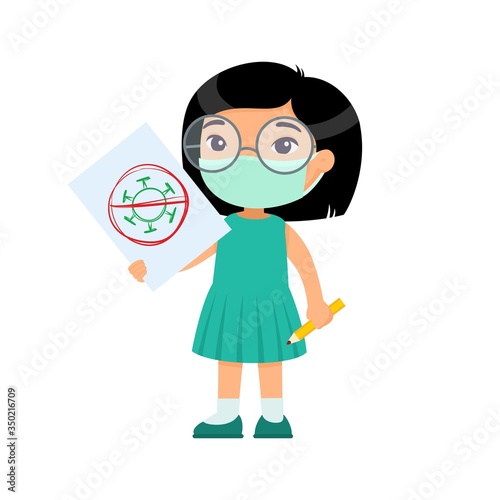 Little asian girl with medical mask holding paper sheet with virus image. Cute schoolkid with image and pencil in hands isolated on white background. Virus protection consept.