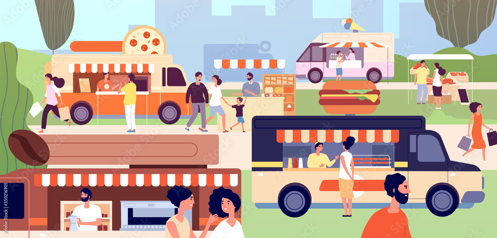 Street food festival. Festival vendors shops, outdoor business. Fast food trucks and stalls, park event. Summer shopping vector illustration. Street fast food festival, event park colorful