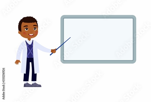 Smiling dark skin male doctor points to an empty medical demonstration board. Doctor in a white coat character. Vector illustration on a white background.