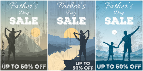 Father’s Day sale. Vector promotion poster with wooden texture and silhouette of dad and son on landscape background. Template for a discount flyer or advertising banner.