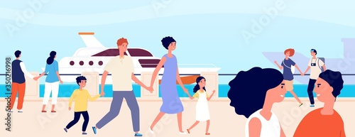 Summer seafront. Young female seaside vacation. Sailing embankment, romantic mediterranean landscape. Flat sea holidays vector illustration. Seaside relax, family outdoor walking