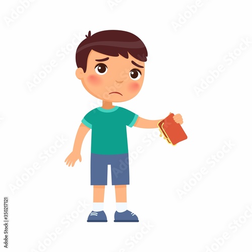 Little boy with empty wallet in hand flat vector illustration. Upset poor child cartoon character. Poverty, unemployed person in need. Frustrated little kid isolated design element on white