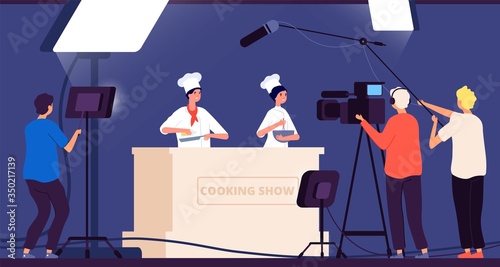 Cooking show. Chef live tv entertainment. People in uniform cook on kitchen. Flat shooting with spotlights in restaurant vector illustration. Tv show cooking, chef professional television